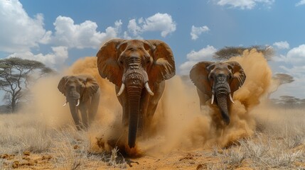 several elephants with tusks spread out walking on the ground