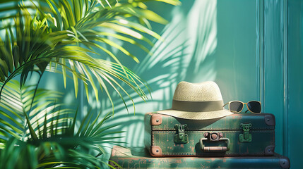 Vintage Suitcase on a Tropical Beach, Summer Travel Concept with Hat and Sunglasses, Ready for Vacation