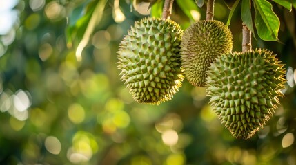 This is a picture of a durian fruit hanging from a tree. The durian is a large, tropical fruit 