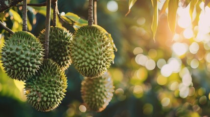 This is an image of a bunch of durian fruit hanging from a tree. The fruit is large, green, and has a spiky texture. The background is blurry and looks like it is a jungle.