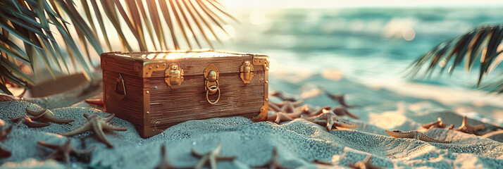 Vintage Suitcase on a Sunny Beach, Starfish and Sunglasses Nearby, Ready for a Summer Vacation