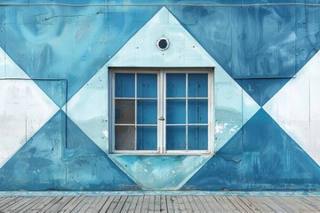 A quaint beach house with a striking geometric blue and white painted wooden facade and central window