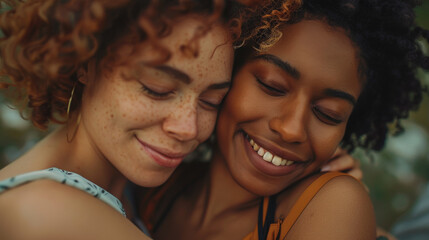 Happy multiracial girlfriends in love embracing and cuddling - Lesbian couple, millennials women,...