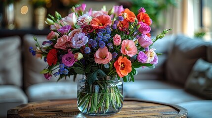 Beautiful flower vase indoors on wooden table with colorful flowers