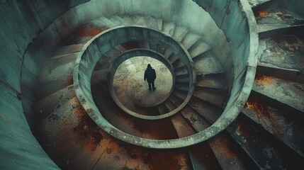 Man waiting down the spiral formed stairs.