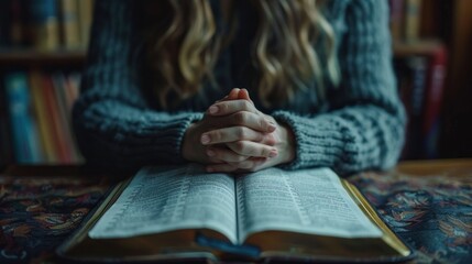 Close-up of a Person Praying with Hands Clasped Over an Open Bible