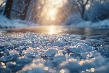 Frozen river with crystalline ice formations, create a serene and peaceful scene