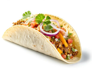 Gefüllte Taco mit Hackfleisch und Gemüse isoliert auf weißen Hintergrund, Freisteller