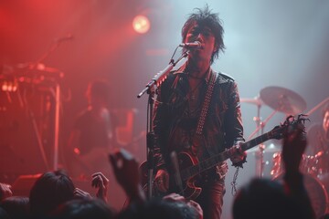An intense rock concert scene featuring a guitarist playing on stage under dramatic red lighting, with the crowd's hands in the air