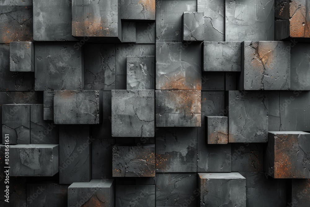 Poster a visually striking image showcasing interconnected dark metallic cubes with rusty accents, creating