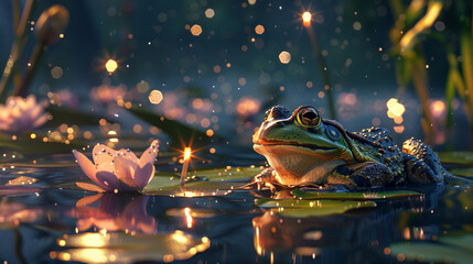 A tranquil pond transforms into a froggy masquerade ball, as amphibians don dapper attire and dance...