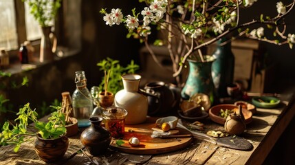 Old rustic still life with spring flowers and antique tools on wooden table