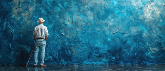 a man who is painting a wall with blue paint