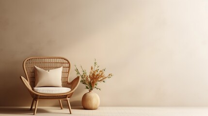 Empty beige wall mockup in boho room interior with wicker armchair and vase. Natural daylight from a window. Promotion background.