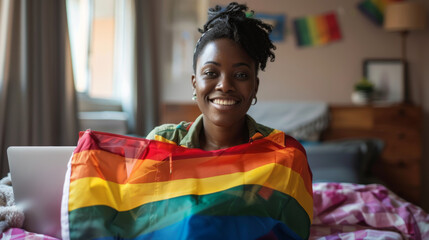 Happy young african working woman carrying flag of LGBT rainbow. symbol and smiling in Bed room.Concept of homophobia, diversity, laptop, peace and love, freedom, liberty.Gender Equality,no racism. St
