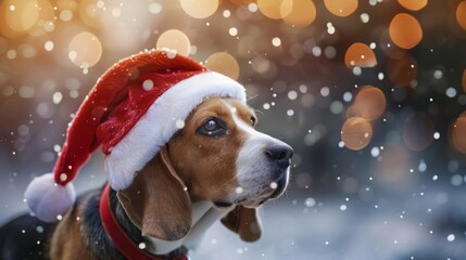 Christmas beagle dog in red santas hat on festive christmas bokeh street background
