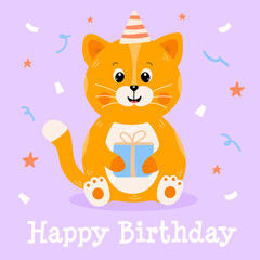 Birthday greeting card with adorable cat with gift. Vector illustration for invitation, card