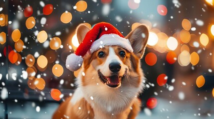 Christmas corgi dog in red santa hat on festive street background with snowfall at evening time