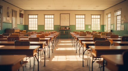 Empty Classroom. Back to school concept in high school. Classroom Interior Vintage Wooden Lecture Wooden Chairs and Desks.