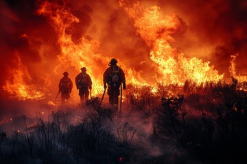Obraz premium A dramatic scene capturing the bravery of firefighters amid the raging flames of a massive wildfire, illustrating heroism and danger