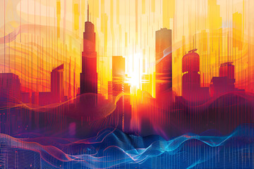 A vibrant and dynamic urban skyline at sunrise, cityscape against a dramatic sky, abstract digital patterns and artistic waves that resemble data streams and futuristic visualizations. Gen AI