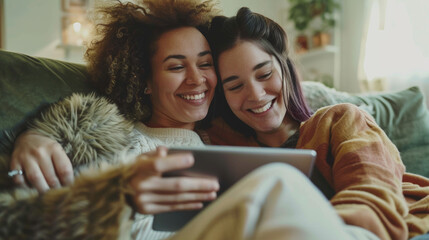 Happy young lesbian couple hugging having fun using digital tablet relaxing on couch at home. Two smiling women friends holding computer looking at screen enjoying surfing online watching videos. Stoc