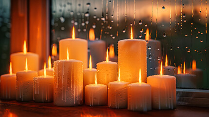 Warm Glow of Candlelight in the Dark, Flames Illuminating a Festive or Spiritual Setting, Close-Up of Wax Candles