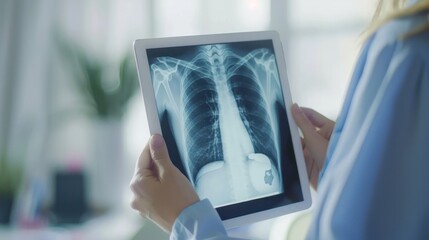 Closeup woman doctor hands holding digital tablet with chest x-ray film in hospital. Generated AI