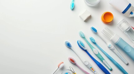 Top view flat lay toothbrushes and oral hygiene products composition, white background. Generate AI
