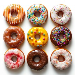 Vibrant assortment of glazed donuts, dripping with colorful icings and sprinkles, sharp focus on details, isolated on a pure white background