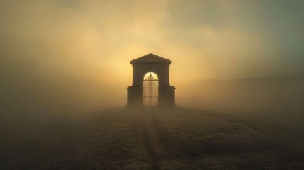 Fantasy misty scene a gate building at sunset dawn surrounded by fog landscape. Generated AI image