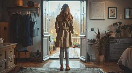 A woman in a beige trench coat is trying on shoes at home while holding an open door
