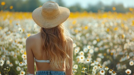 beautiful woman dressed in sexy clothes wearing jeans in the flower garden, facing the back