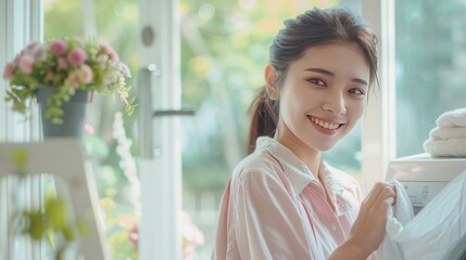 Portrait happy smiling Asian young woman is doing laundry everyday in home. Generated AI image