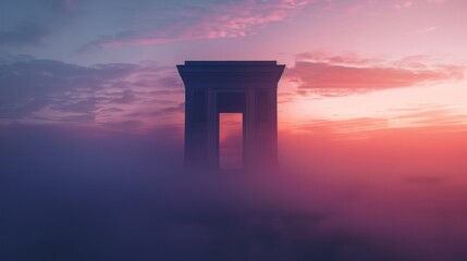 Fantasy misty scene a gate building at sunset dawn surrounded by fog landscape. Generated AI image