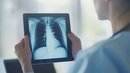 Closeup woman doctor hands holding digital tablet with chest x-ray film in hospital. Generated AI