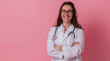 Portrait a happy smiling beautiful young female doctor on the pink background. Generated AI image