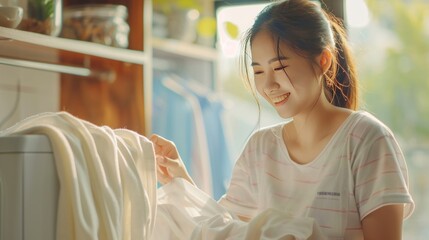 Portrait happy smiling Asian young woman is doing laundry everyday in home. Generated AI image