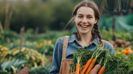 Portrait happy smiling female farmer holding fresh carrots harvesting on her farm. Generated AI