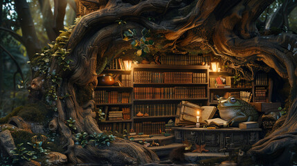 Froggy scholars gather in a library carved within a hollowed-out tree, immersed in ancient croak-mented tomes. 