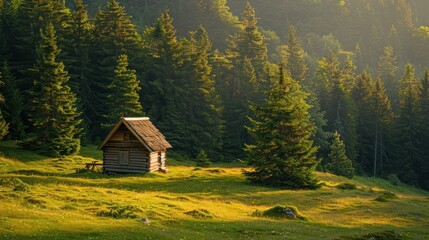 A small wooden house in the middle of foggy pine forest in the morning scene. Generated AI image