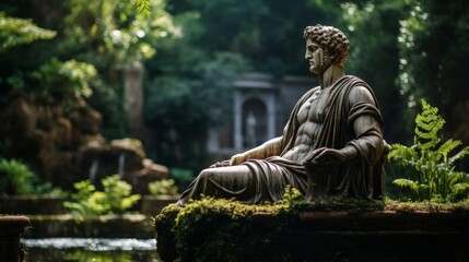 Roman Emperor contemplates in landscaped garden with tranquil features