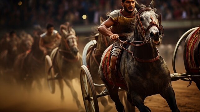 Roman Emperor races chariots in grand circus with intense competition