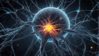 A close up of a ball of nerve cell network with neon orange glow light and explaining neuroscience on a dark black blur background