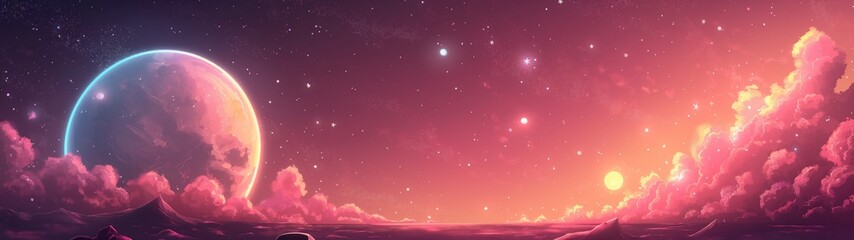 panoramic background for double screen or banner of a beautiful pink and purple sky with a large planet and stars