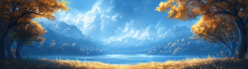 panoramic background for double screen or banner of a beautiful landscape with a lake and mountains in the background