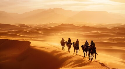 Fototapeta na wymiar Caravan crossing desert landscape under clear blue sky for travel and exploration