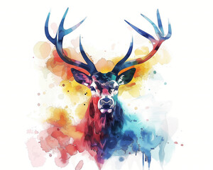 Ethereal Watercolor Painting of a Stag with Vivid Color Splashes and Dreamy Abstract Effects on a Light Background