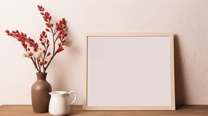 Empty wooden picture frame mockup hanging on beige wall background. Boho-shaped vase, dry flowers...