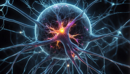 A close up of a ball of nerve cell network with neon orange glow light and explaining neuroscience on a dark black blur background